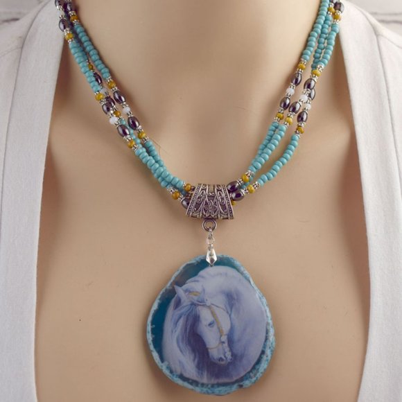 White Horse Printed Agate Necklace Earring Set - Picture 5 of 5